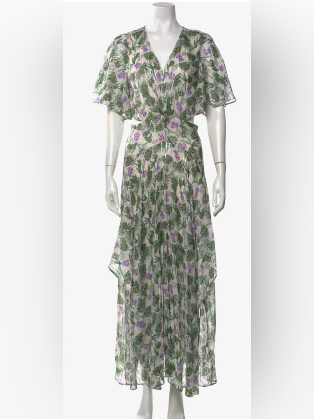Maje Cream Maxi Dress with Green Leaf and Purple Floral Print